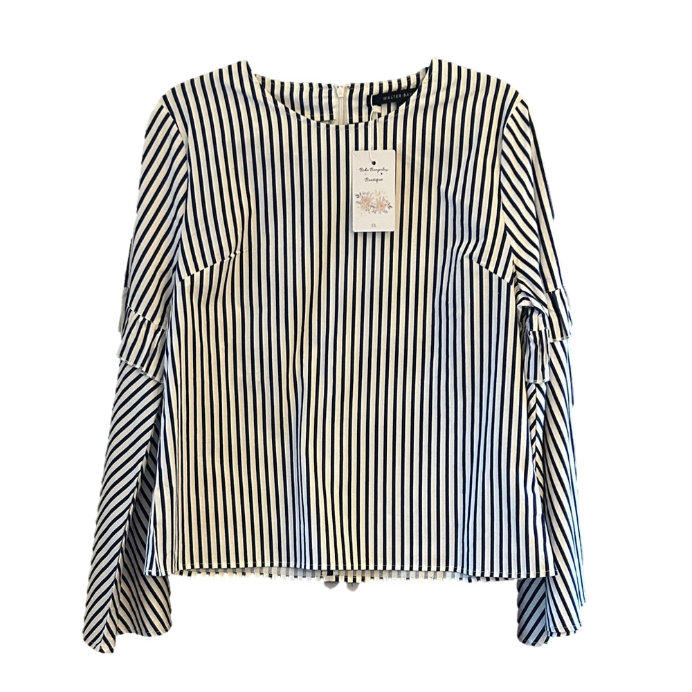 Walter Baker Navy + White Striped Top Long Sleeves Bell Sleeves Ruffle Sleeves L